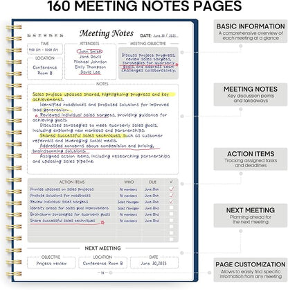 Meeting Notebook for Work Organization - Work Planner Notebook with Action Items, Agenda Planner for Note Taking, 160 Pages (6.9" X 9.9") Project Organizer for Men & Women - Navy Blue