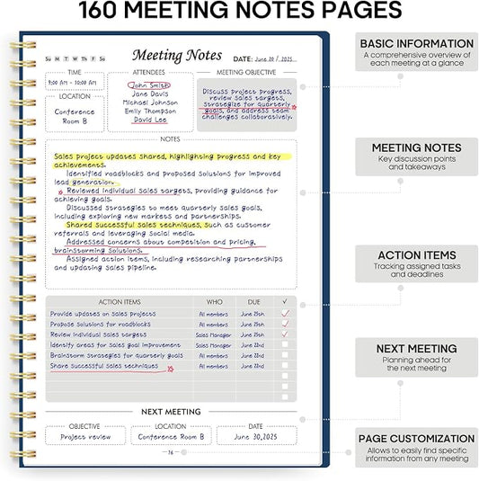 Meeting Notebook for Work Organization - Work Planner Notebook with Action Items, Agenda Planner for Note Taking, 160 Pages (6.9" X 9.9") Project Organizer for Men & Women - Navy Blue