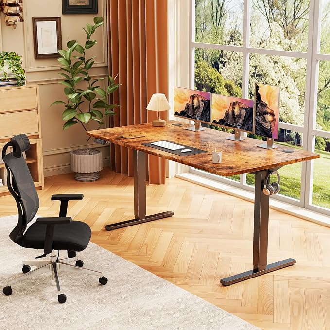 Sweetcrispy 55 Inch Electric Standing Desk, Height Adjustable Sit Stand Up Desk, Computer Workstation Home Office Gaming Rising Table with Memory Preset Splice Board, Rustic Brown