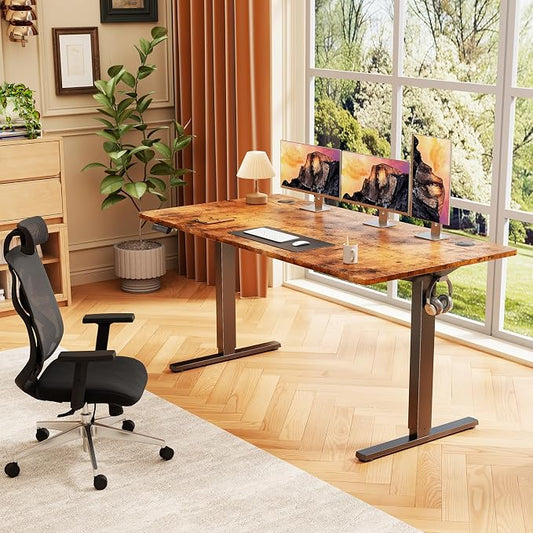 Sweetcrispy 55 Inch Electric Standing Desk, Height Adjustable Sit Stand Up Desk, Computer Workstation Home Office Gaming Rising Table with Memory Preset Splice Board, Rustic Brown