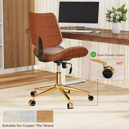 Home Office Desk Chair with Swivel Wheels, Mid-Century Modern PU Leather Armless Office Chair, Small Mid Back Computer Chair for Home Office, Meeting Room