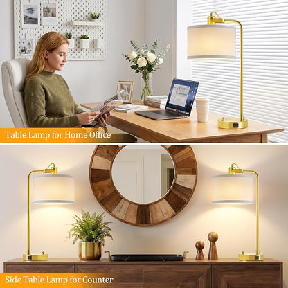 24‘’ Gold Table Lamp Set of 2 with USB A and C Ports, 180° Adjustable Stepless Dimming Bedside Lamps for Night Stands, E26 Bare Bulb Compatible, Industrial Nightstand Lamp, 9W LED Bulb Included