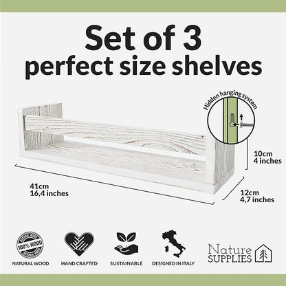 NATURE SUPPLIES Set of 3, 16.4 inch Nursery Book Shelves Made of Solid Wood for Books, Toys, Decor, Wall Kids Bookshelf, Floating Shelf, Ideal Storage for Nursery or Playroom Organization,Whitewashed
