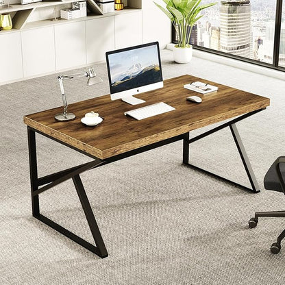 HSH Rustic Brown Desk, Industrial Home Office Computer Desk, Farmhouse Metal and Wood Computer Table, Simple Bedroom Laptop PC Desk for Student Writing Study Gaming Executive Workstation, 55 in