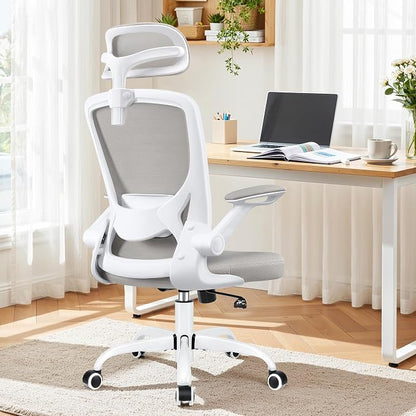 BESTFAIR Office Chair Ergonomic Desk Chair, Breathable Mesh Office Chairs with Adjustable Lumbar Support, Flip-Up Arms, Computer Desk Chair Comfy for Home Office, Light Gray