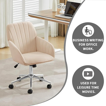 Velvet Home Office Desk Chair, Modern Cute Computer Task Chair with Back, Height Adjustable Upholstered Vanity Chair with Swivel Wheels for Women, Girls (Silver Base, Oatmeal