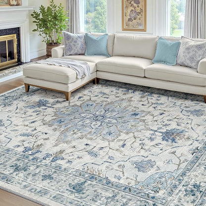RELEANY Area Rugs 7'x9' Washable Non-Slip, Floral Vintage Distress Medallion Carpet for Living Room Bedroom Dining Room, Light Blue Navy Gray White