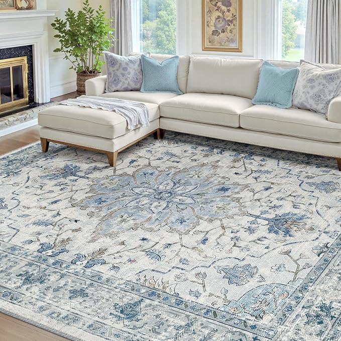 RELEANY Area Rugs 8'x10' Washable Non-Slip, Floral Vintage Distress Medallion Carpet for Living Room Bedroom Dining Room, Light Blue Navy Gray White
