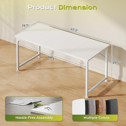 PRAISUN 47 Inch Computer Desk, Home Office Desk with Spacious Desktop, Modern Gaming Desk, Writing Study Table for Bedroom, Small Spaces, Work from Home Desk with Metal Frame, White