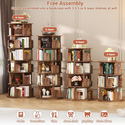 Besiost Rotating Bookshelf Tower, 6 Tier Spinning Bookcase, Revolving 360 Book Shelf Narrow Tall Bookcase, Vertical Turning Round Bookshelf Organizer, Corner Bookshelf for Small Space, Rustic Brown