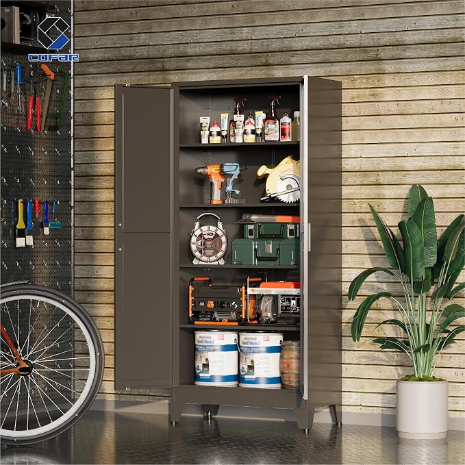 COFaR Metal Pantry Cabinet with Doors, Farmhouse 71'' Tall Storage Cabinet with 4 Adjustable Shelves, Kitchen Pantry Cabinet for Dinning Room, Garage, Laundry, Bathroom, Black 5-Tier