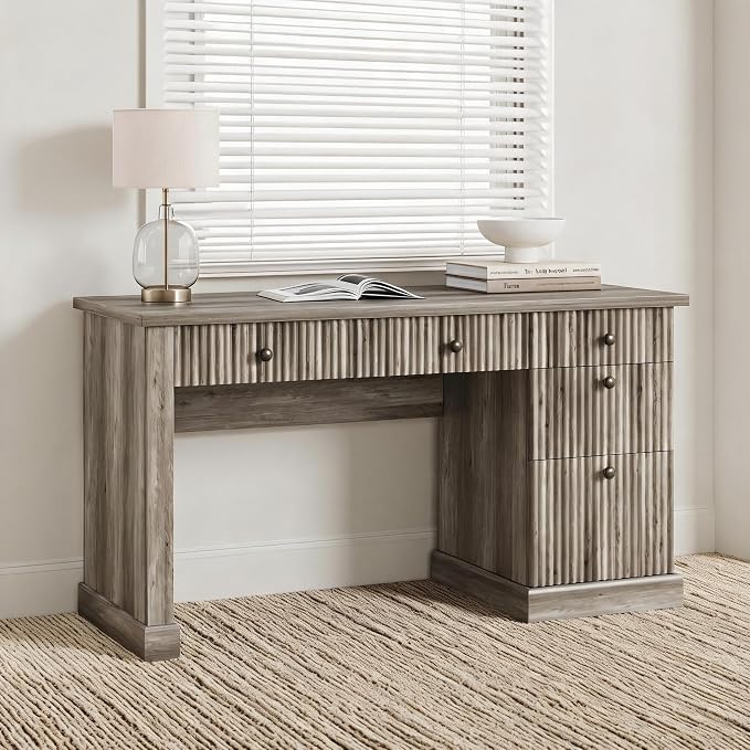 IDEALHOUSE 54" Executive Desk with Fluted Wave Board Design, Home Office Computer Desk with 3 Drawers and Storage Cabinet, Built-in USB Ports & Power Outlets, Modern Writing Table for Bedroom Gray