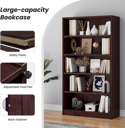 Farini 60 Inch Tall Bookcase,5 Shelf Bookshelves,Adjustable Bookshelf for Home Office,Mahogany
