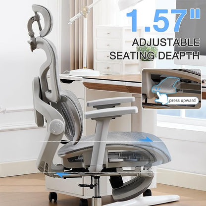Ergonomic MeshOffice Chair with 2-Zone Lumbar Support and Footrest,Grey | Big and Tall, 400LBS, Adjustable Seat Depth, 4D Headrest, 4D Armrests Swivel Executive Chair for Home Office
