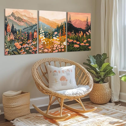 Boho Colorful Watercolor Mountain Canvas Wall Art Set of 3, Wildflower Posters Wall Decor, Abstract Nature Landscape Artwork Paintings Picture Print for Living Room Bedroom Office 12x16 Inch Framed
