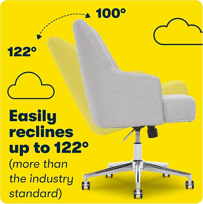 Serta Leighton Home Office Desk Chair, Mid-Back with Chrome Nailheads, Memory Foam Cushion and Padded Arms, Modern Makeup Vanity Armchair with Wheels, Swivel Base, Twill Fabric, Light Gray