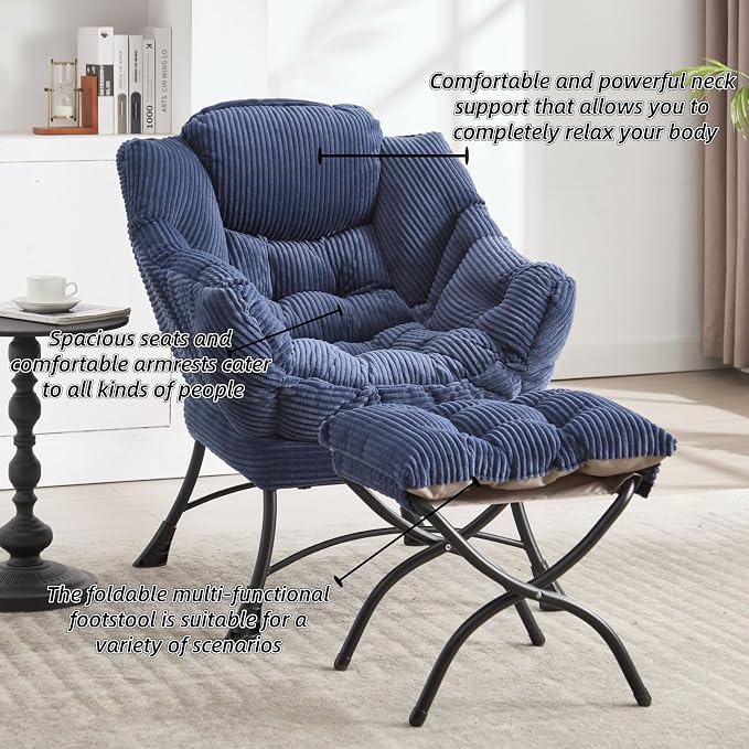 Modern Lazy Chair with Ergonomic Ottoman, Comfortable Lounge Chair with Footrest for Space Saving, Comfy Reading Armchair for Living Room, Bedroom, Office, Navy