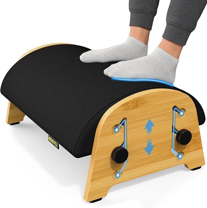 YEASHEIN Ergonomic Foot Rest Under Desk At Work, Bamboo Wood Adjustable Foot Stool Under Desk with 6 Positions, Office Footrests with Memory Foam, Leg Rest Used for Car, Home, PC Gaming Accessories