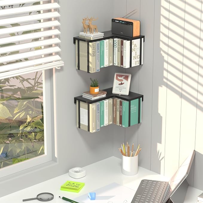 L-Shaped Corner Floating Shelves Set of 2, Floating Book Shelves for Wall | Pine Wood Wall Mount Floating Bookshelf with Hanging Strap Holds 9 Books, Hanging Hookshelf Display Shelf for Home Wall Decor