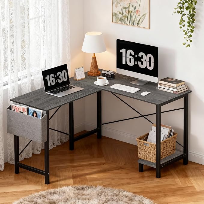 OLIXIS 50-Inch L Shaped Desk, Grey Office Computer Gaming Desk Corner PC Table with Side Bag and Reversible Shelf for Home Work Study Writing, Sturdy Durable Design with Easy Setup