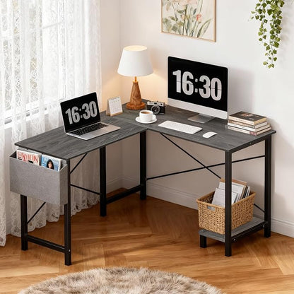 OLIXIS 50-Inch L Shaped Desk, Grey Office Computer Gaming Desk Corner PC Table with Side Bag and Reversible Shelf for Home Work Study Writing, Sturdy Durable Design with Easy Setup
