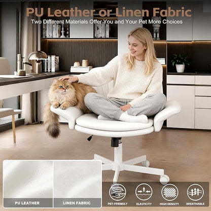 Vonesse Criss Cross Office Chair with Wheels & Armrests, Height Adjustable Vanity Chair, Makeup Chairs with Side Pockets Design, Comfortable Computer Desk Chairs for Home (PU Leather,White)