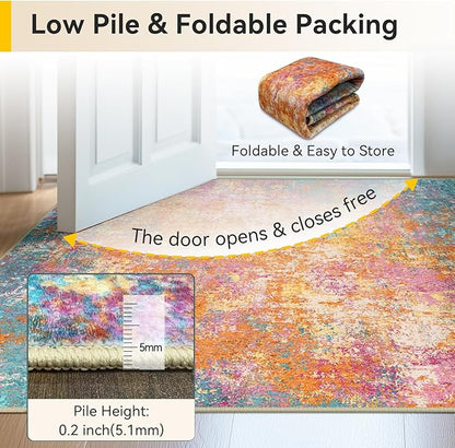 RELEANY Washable Area Rugs 2'x10' Non-Slip Modern Abstract Soft for Living Room Entryway Bedroom Kitchen, Print Pattern, Orange Blue Pink Yellow Colorful