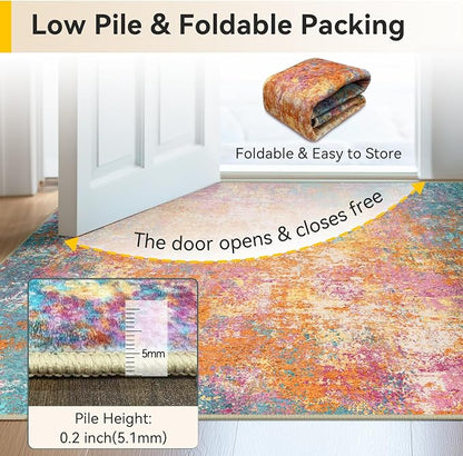 RELEANY Washable Area Rugs 9'x12' Non-Slip Modern Abstract Soft for Living Room Entryway Bedroom Kitchen, Print Pattern, Orange Blue Pink Yellow Colorful