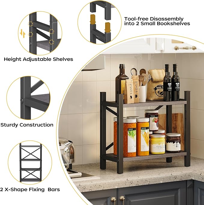 2-Pack Desktop Bookshelf, 4-Tier Stackable Narrow Bookcase, Adjustable Industrial Desk Organizer & Hutch - Rustic Brown Wood Desktop Book Organizer for Living Room, Bedroom & Home Office