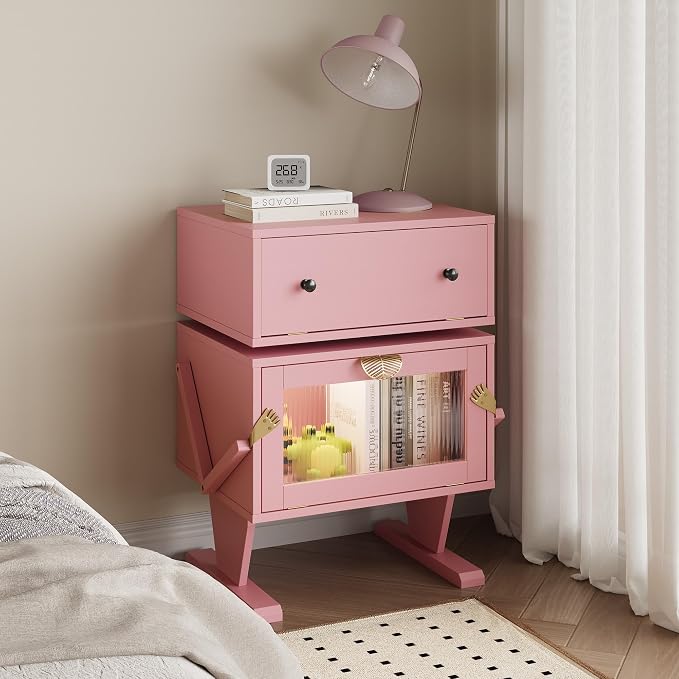 RoyalCraft Large Nightstand with LED Lighs, Pink End Table with 360°Rotating Drawer, Modern Bedside Table with Storage, Wood Night Stand for Bedroom, Home Office, Pink