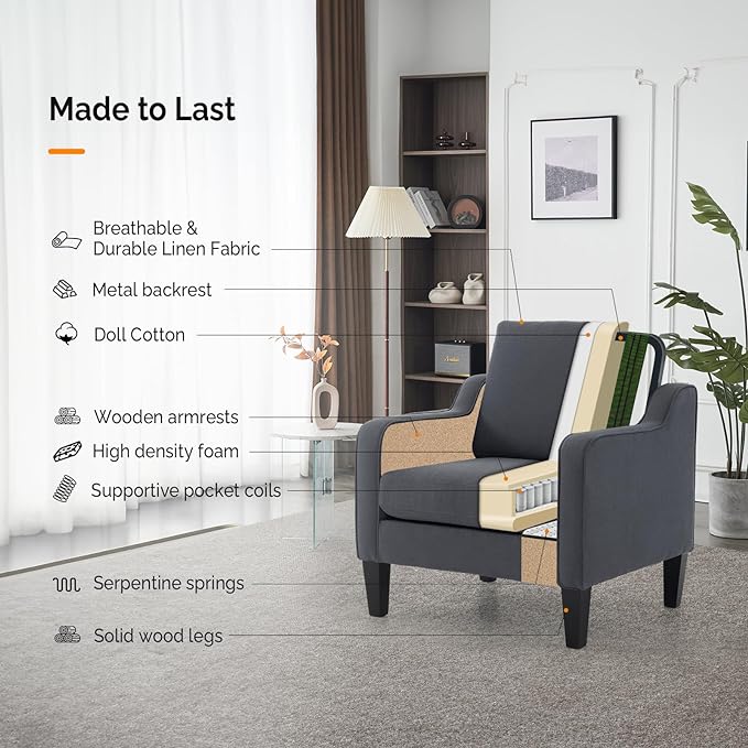VINGLI Sofa Accent Chairs Set of 2, Comfy Armchair for Living Room Bedroom | Dark Grey, Upholstered Armchair, Premium Linen Fabric, Thick Padded Cushion, Ergonomic Back Support, Versatile for Any Space