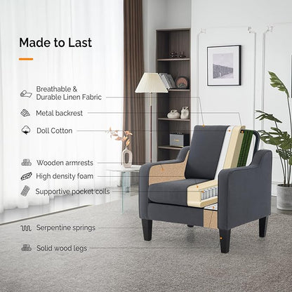 VINGLI Sofa Accent Chairs Set of 2, Comfy Armchair for Living Room Bedroom | Dark Grey, Upholstered Armchair, Premium Linen Fabric, Thick Padded Cushion, Ergonomic Back Support, Versatile for Any Space