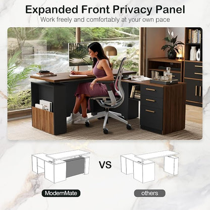 ModernMate Furniture Sets, 63" Standing Desk with 59" Bookshelf and 2 Drawer lateral File Cabinet, Home Office Furniture Set, Black Walnut