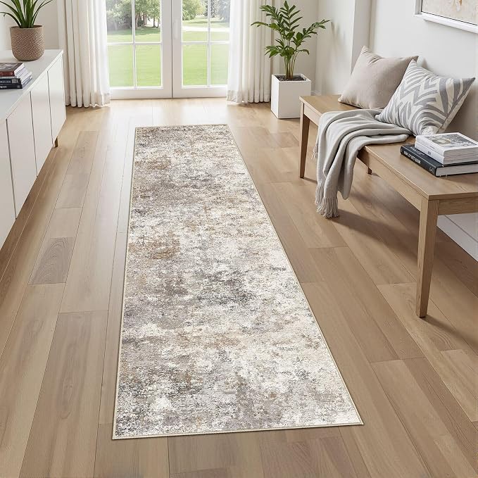 UERMEI 2x8 Washable Runner Rug for Hallway, Non Slip Low Pile Kitchen Carpet, Neutral Modern Abstract Indoor Floor Mat for Entryway Laundry, Kid & Pet Safe High Traffic Area, Brown Grey