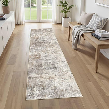 UERMEI 2x8 Washable Runner Rug for Hallway, Non Slip Low Pile Kitchen Carpet, Neutral Modern Abstract Indoor Floor Mat for Entryway Laundry, Kid & Pet Safe High Traffic Area, Brown Grey