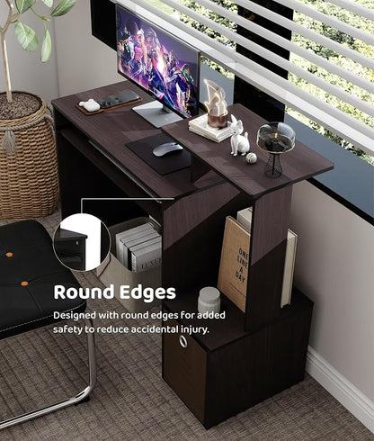 Small Computer Desk for Bedroom, Home Office Desk with Drawers Storage Shelves for Living Room Study Bedroom, Dark Walnut/Brown