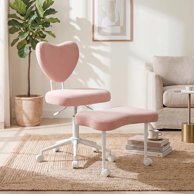 Cross Legged Office Chair with Wheels, 360 Swivel Height-Adjustable Meditation Chair with Lumbar Support, Pink