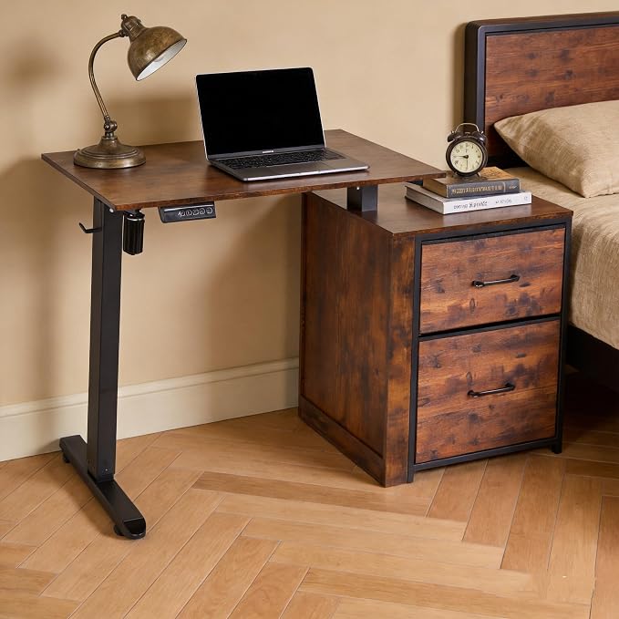 NORTHSKY Small Electric Standing Desk with Storage, 32 x 18 Inches Small Space Sit Stand Desk with Storage, Height Adjustable Computer Table, 3 Memory Preset, 1 Hook, Cable Management, Rustic Brown
