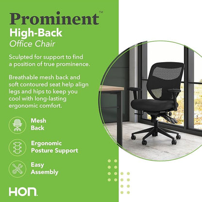 HON Prominent Ergonomic Mesh Office Chair with Adjustable Arms and Advanced Synchro‑Tilt Recline, High Back Desk and Computer Chair for Home Office or Workstation, Lumbar Support, Black