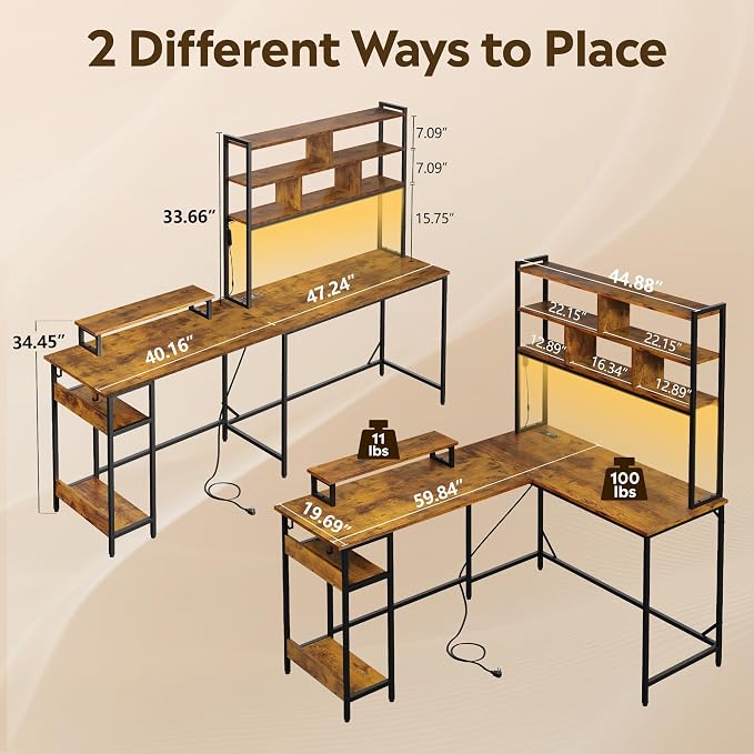 DEVAISE 60 Inch L Shaped Gaming Desk with Drawers and Storage, Corner Desk with LED Lights, Power Outlets, Computer Desk with Monitor Stand, Office Desk for Home, with Hutch, Rustic Brown