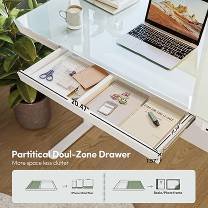 BANTI Electric Standing Desk with Drawers, 48 inch Whole-Piece Glass Desktop, Height Adjustable Stand up Sit Stand Home Office Ergonomic Workstation, White Tabletop