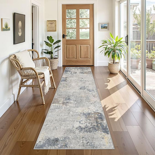 UERMEI 2x8 Washable Runner Rug for Hallway, Non Slip Low Pile Kitchen Carpet, Neutral Modern Abstract Indoor Floor Mat for Entryway Laundry, Kid & Pet Safe High Traffic Area, Blue Grey