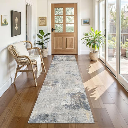 UERMEI 2x8 Washable Runner Rug for Hallway, Non Slip Low Pile Kitchen Carpet, Neutral Modern Abstract Indoor Floor Mat for Entryway Laundry, Kid & Pet Safe High Traffic Area, Blue Grey