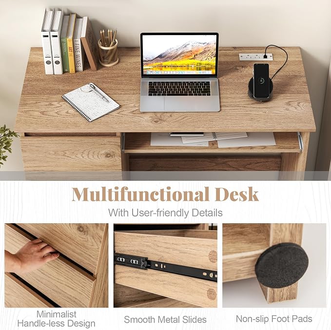 Giantex Computer Desk with Drawers, Modern Home Office Desk with Charging Station & Keyboard Tray, Laptop PC Computer Workstation, Study Writing Desk for Bedroom (Natural)