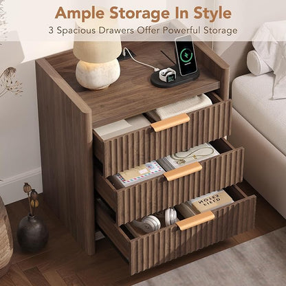 25.9" Fluted Nightstand with Charging Station, Large Bedside Table with 3 Storage Drawers and Metal Handle, Modern End Table for Bedroom, Home Office(Dark Walnut)