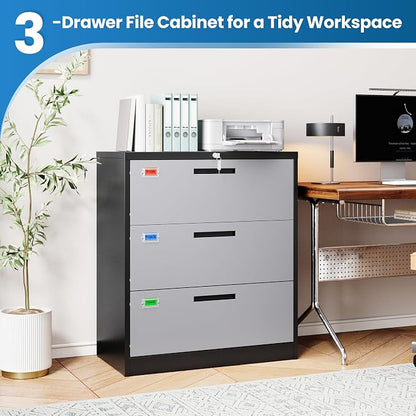 PEUKC 3 Drawer File Cabinet, Lateral Filing Cabinets for Home Office, Office Storage Drawers with Lock, Hanging Files Legal/Letter A4 Size (Assemble Required,Black Grey)