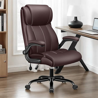BESTFAIR Ergonomic High Back Office Chair, Adjustable Lumbar, Coffee 2 Pack | Inflatable Lumbar Support For Custom Comfort, Flip-Up Arms, 21" Wide Seat, Scratch-Resistant Pu Leather, Rocking & Heavy-Duty