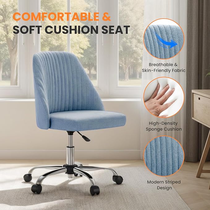 Simple Deluxe Armless Office Desk Chair, Modern Cute Swivel Vanity Chair Comfy Home Office Chairs with Wheels Height Adjustable Rolling Computer Task Stools for Living Room, Make-up, Bedroom, Blue