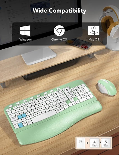 SABLUTE Wireless Keyboard and Mouse Combo, Ergonomic Wave Keys, Cushioned Plam Rest, Comfortable Silent Natural Typing, 2.4G Lag-Free, MA12 Full Size Keyboards Set for Multi-OS, Windows/Mac, Green