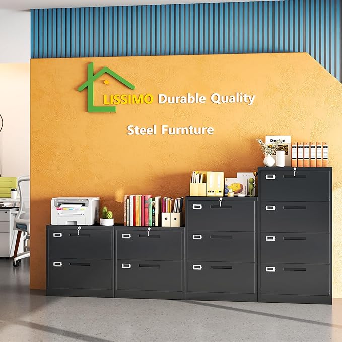 Metal Lateral 3 Drawer File Cabinet, Wide Filing Cabinet with Lock for Home Office Organization Hanging Files Letter/Legal/F4/A4 Size (Black, Assembly Required)